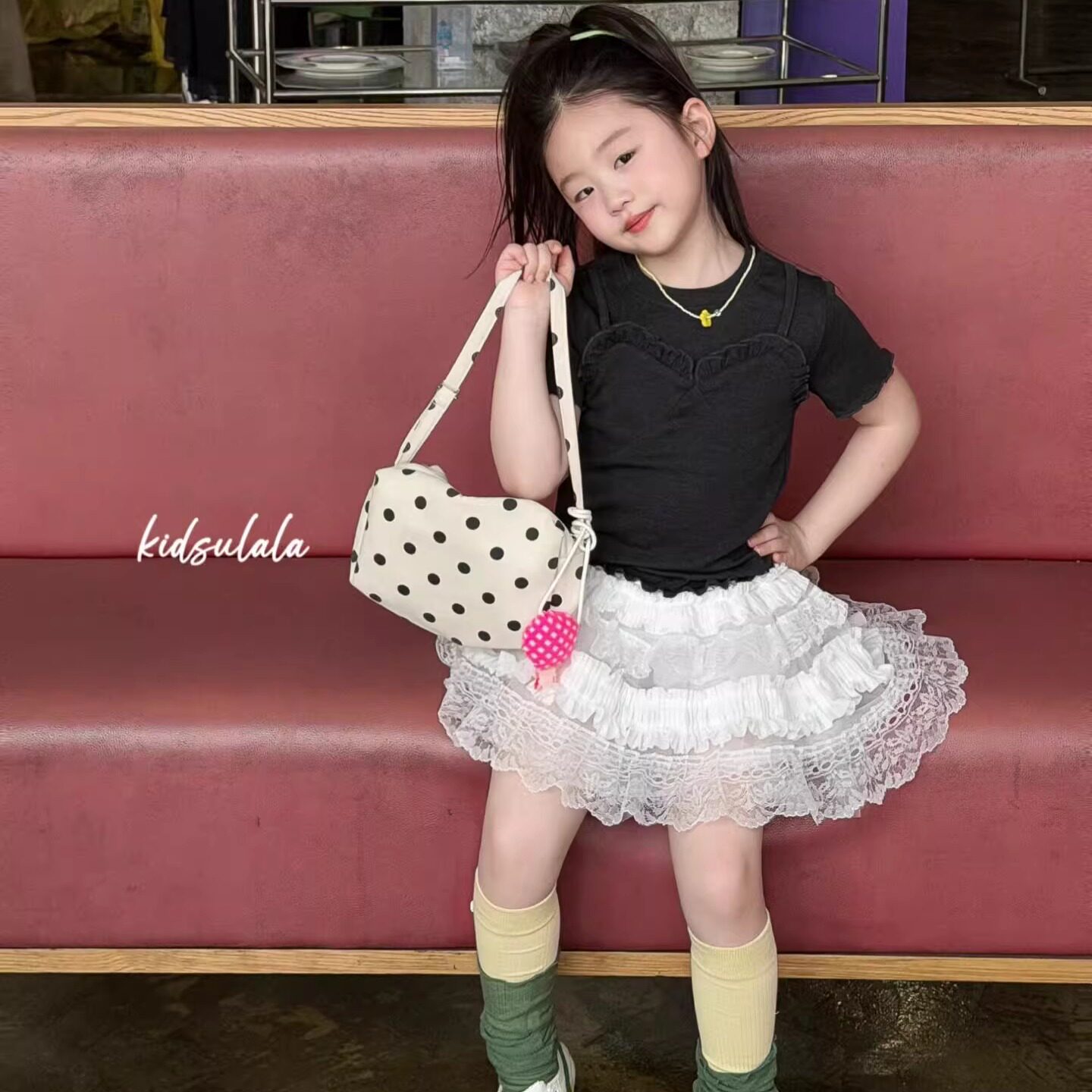 【正品现货】U拉女童黑色芭蕾风短袖T恤2026夏新款儿童蕾丝纱裙裤