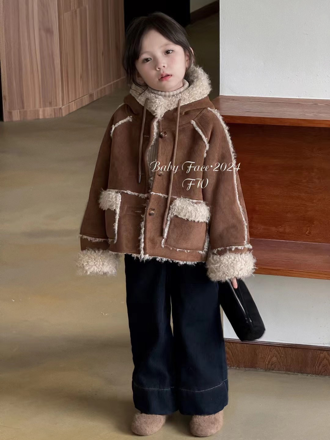 樱桃炸弹童装皮毛一体外套加厚2024秋冬儿童阔腿牛仔裤加绒套装潮