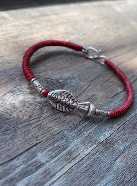 【魚】原创设计泰国蜡线清迈纯银手工编金刚结手绳 情侣手链脚链