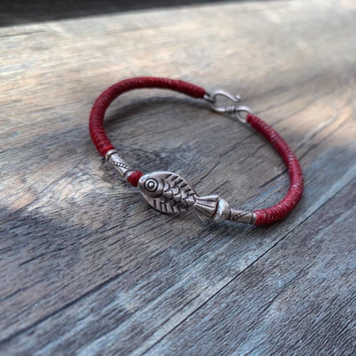 【魚】原创设计泰国蜡线清迈纯银手工编金刚结手绳 情侣手链脚链