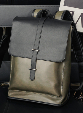 新款复古双肩包韩版潮流男包旅行背包疯马PU大容量学生书包电脑包