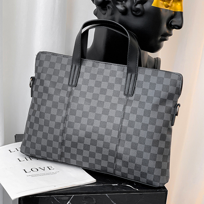 欧美男包格子手提包商务休闲单肩B包横款电脑公文包新款皮质文件