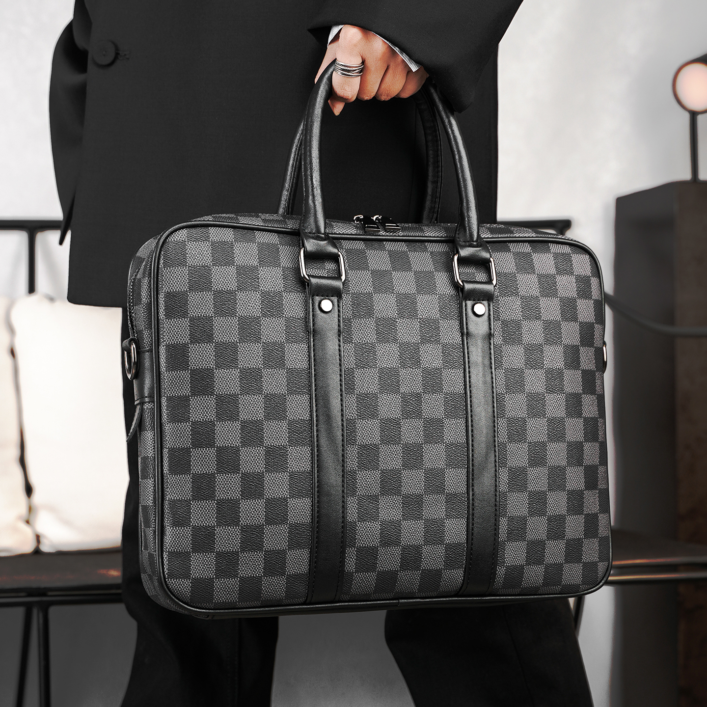 新款商务休闲格子公文包文件包 韩版男包潮流单肩包斜挎包电脑包