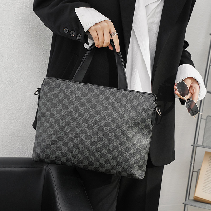 欧美时尚格子公文包男士休闲商务手提包 单肩包韩版电脑包斜挎包