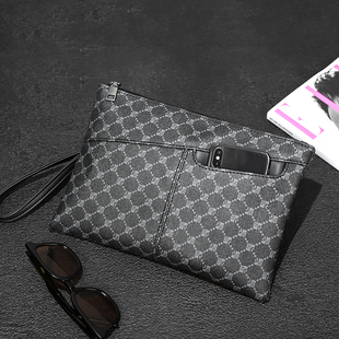 轻商务男士横款手提包 潮牌简约印花手腕包复古信封包男手夹包潮