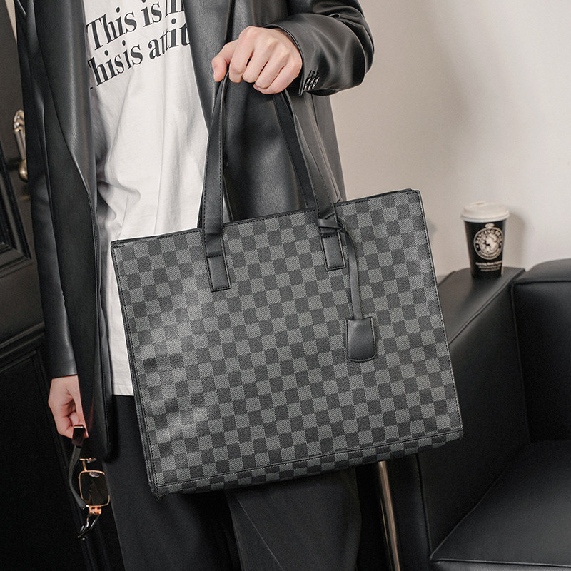 2026新款大容量格子图案托特包韩版男包休闲时尚单肩包斜挎包大包