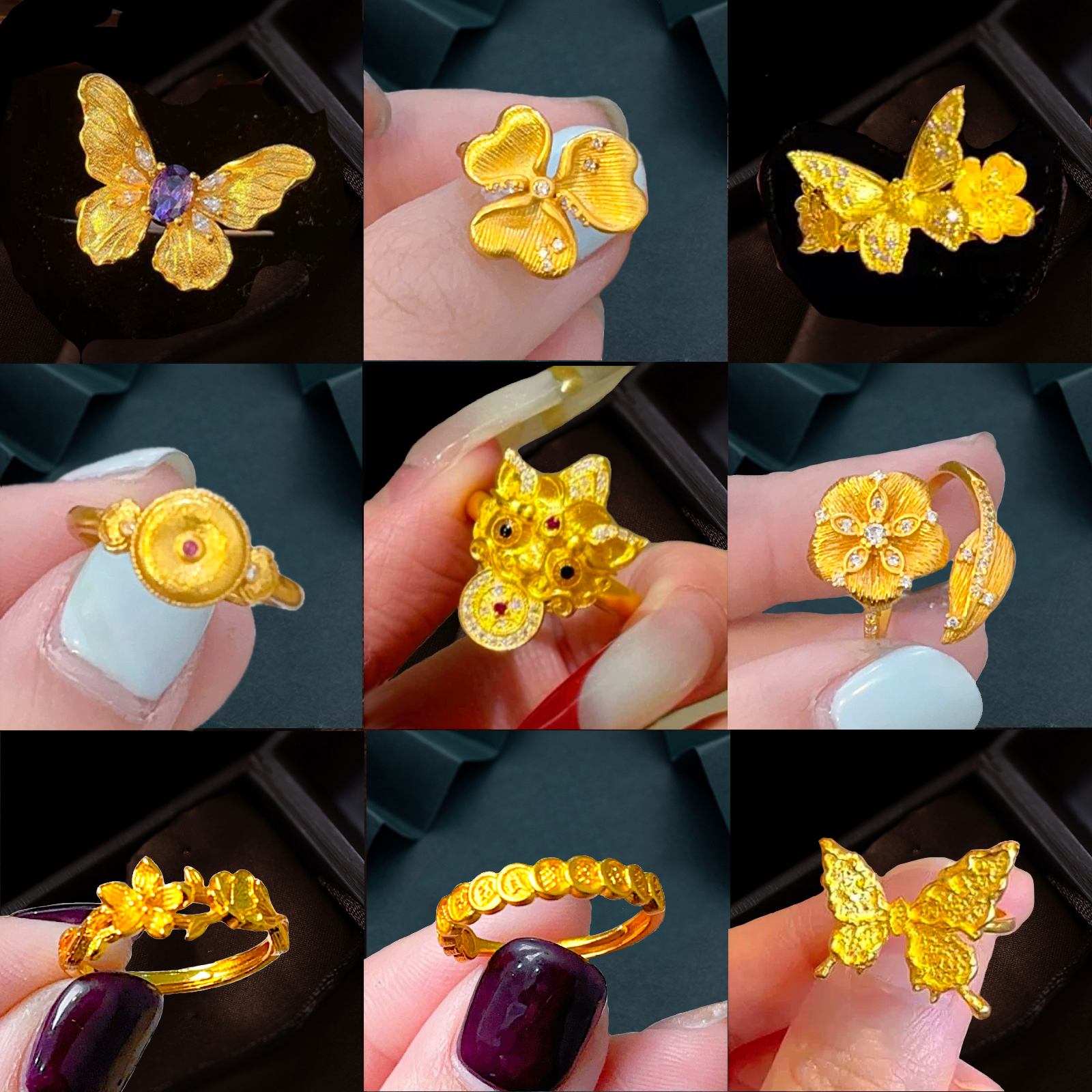 古法沙金爱心花朵轻奢蝴蝶戒指