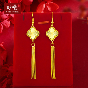 四叶草耳环2023新款爆款流苏越南矿石合金镀金仿真黄金色沙金耳饰