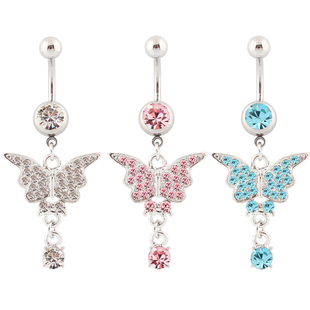 肚脐钉性感蝴蝶吊坠水钻肚脐环防过敏医用不锈钢杆粗针扣人体穿刺