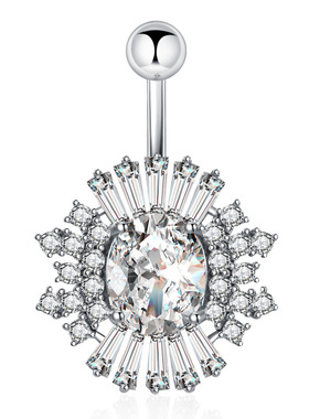 肚脐钉锆石椭圆形花朵大个奢华白色粉色防过敏医用钛粗杆脐环穿刺