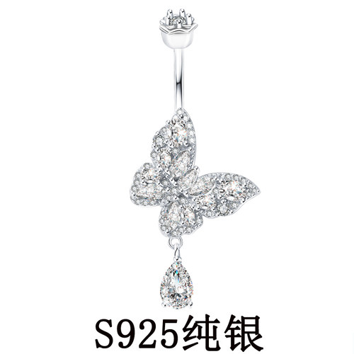 通体925纯银蝴蝶锆石粗杆肚脐钉