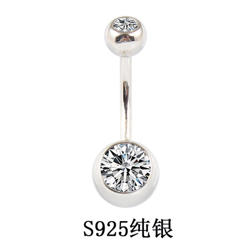 肚脐钉女925纯银镶嵌白色双锆石简约脐环扣性感人体穿刺个性饰品