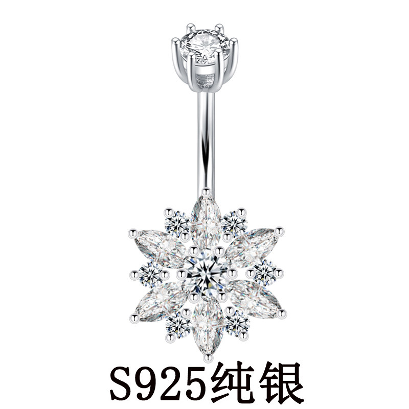 通体S925纯银肚脐环女锆石花防过敏杆长短针脐钉保养打孔穿刺饰品