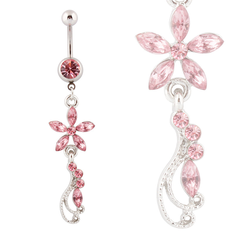 防过敏肚脐环脐钉花朵粉色医用杆粗针露脐装前卫配饰 belly rings