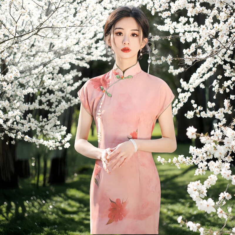 2025新款女士新中式连衣裙国风粉色长款网纱时尚年轻款改良旗袍夏