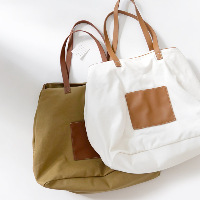 日系简约纯色皮革拼接柔软纯棉帆布旅行袋大容量旅行包单肩手提