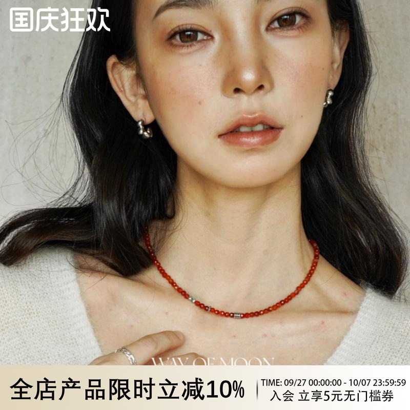 圣诞新年红色天然玛瑙串珠项链女