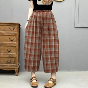 纯棉双层纱格子裤哈伦裤女夏季新款双纱棉萝卜裤宽松大码八分裤子