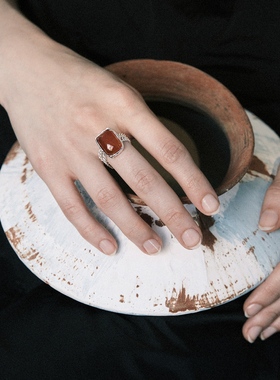 【森制SHINSEI官方】八角红玛瑙双层链条戒指 纯银天然石