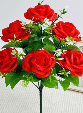 仿真花6头玫瑰花束假花绢布玫瑰花家居装饰高档客厅餐桌插花摆件