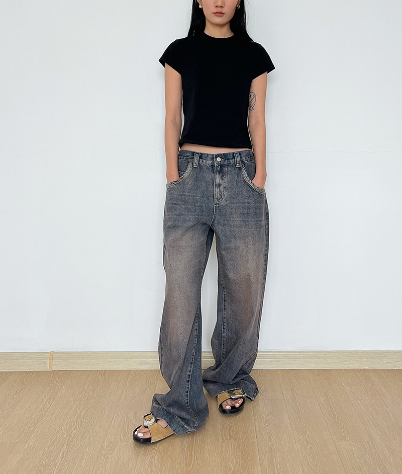 highlife 夏季新款欧美复古街头深灰水洗高腰宽松显瘦阔腿牛仔裤