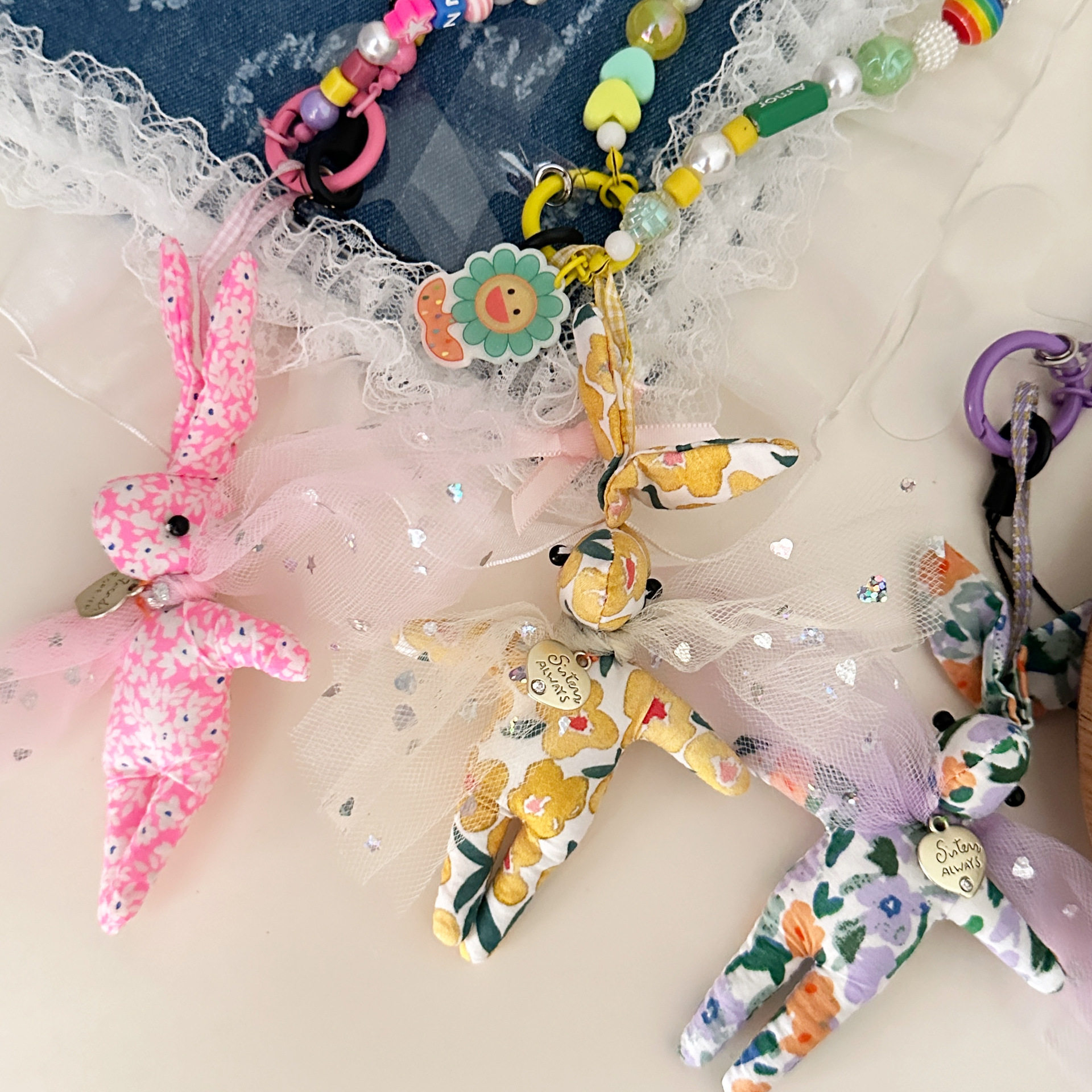 可爱彩色串珠碎花小兔子挂件手机链包挂钥匙挂
