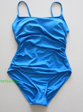 品牌蓝色 浅蓝色天蓝色带胸垫插口褶皱清爽 连体泳衣 保守运动泳