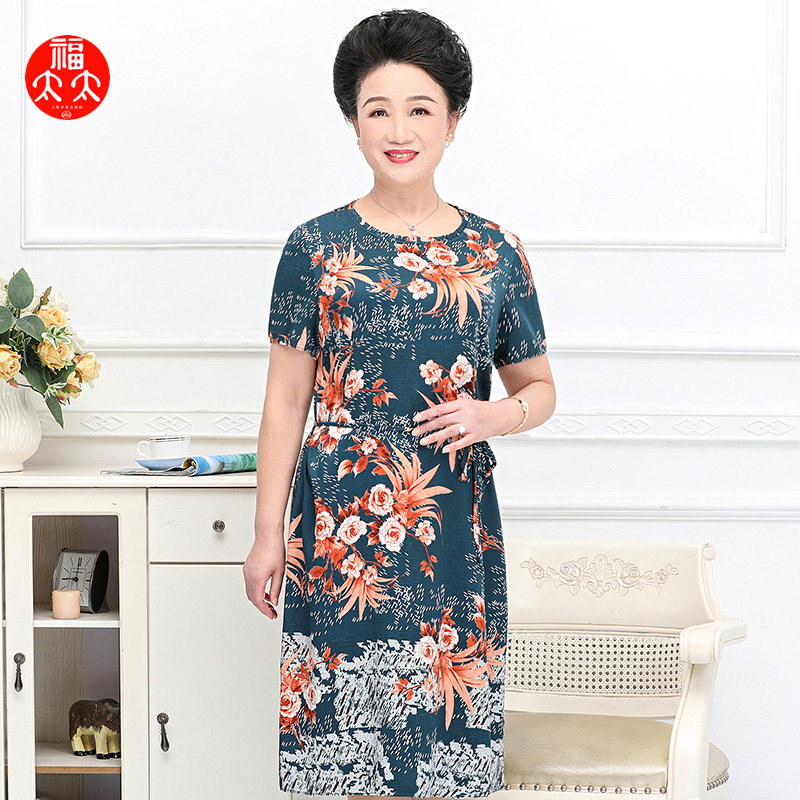 福太太中老年女装桑蚕丝连衣裙大码宽松显瘦真丝妈妈春夏装212440