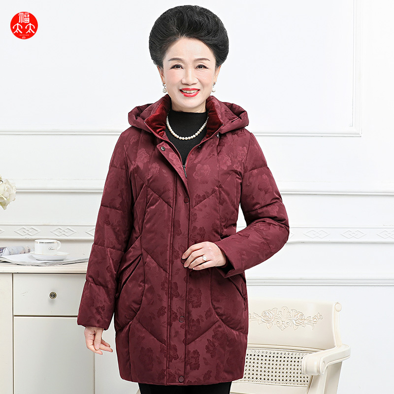 福太太中老年大码保暖羽绒服妈妈女装帽子可拆白鸭绒羽绒服214858