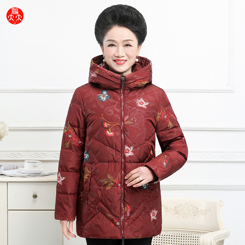 福太太中老年大码保暖羽绒服妈妈女装80%白鸭绒连帽羽绒服214835