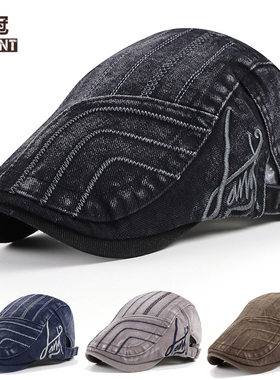 阳冠男士新款帽子复古前进帽百搭做旧牛仔鸭舌帽时尚贝雷帽画家帽