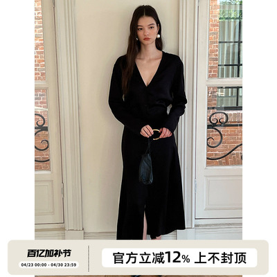 SOTHEA 秋季时髦显瘦哑光缎面收腰气质长款V领衬衫长袖连衣裙女