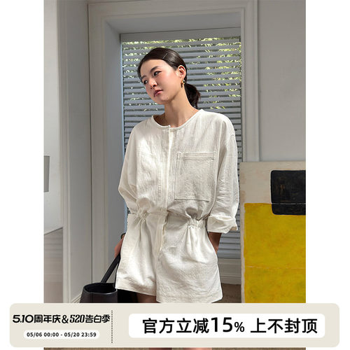 SOTHEA 老钱风 2026年圆领亚麻复古工装衬衫抽绳收腰连体裤连体衣