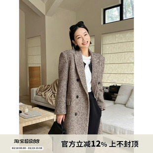 SOTHEA美拉德色系!羊驼毛混纺人字纹花呢双排扣腰带大衣女外套冬