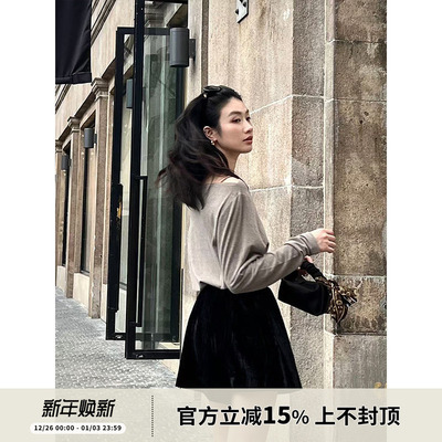 SOTHEA 时髦慵懒感韩国进口早秋新款针织打底一字领露肩长袖T恤女
