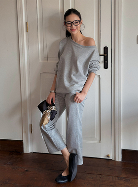 SOTHEA 全棉休闲一字领卫衣/九分微喇裤套装