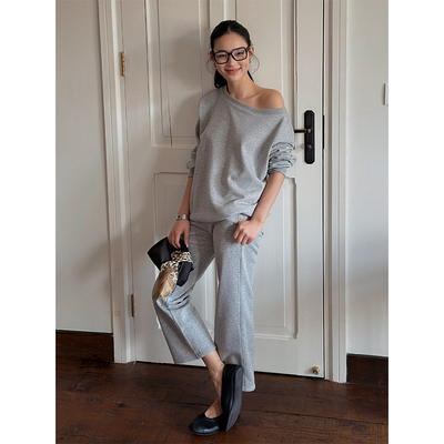 SOTHEA 全棉休闲一字领卫衣/九分微喇裤套装