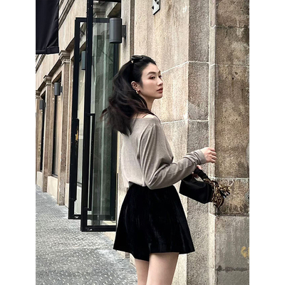 SOTHEA 时髦慵懒感韩国进口早秋新款针织打底一字领露肩长袖T恤女