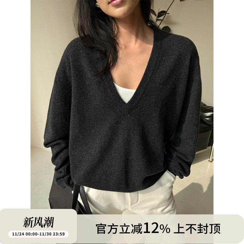 法式全羊毛V领宽松廓形套头毛衣