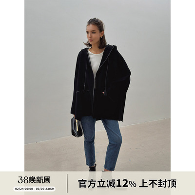 SOTHEA  秋冬羊驼毛双面呢拼皮连帽斗篷毛呢设计感时尚呢子外套