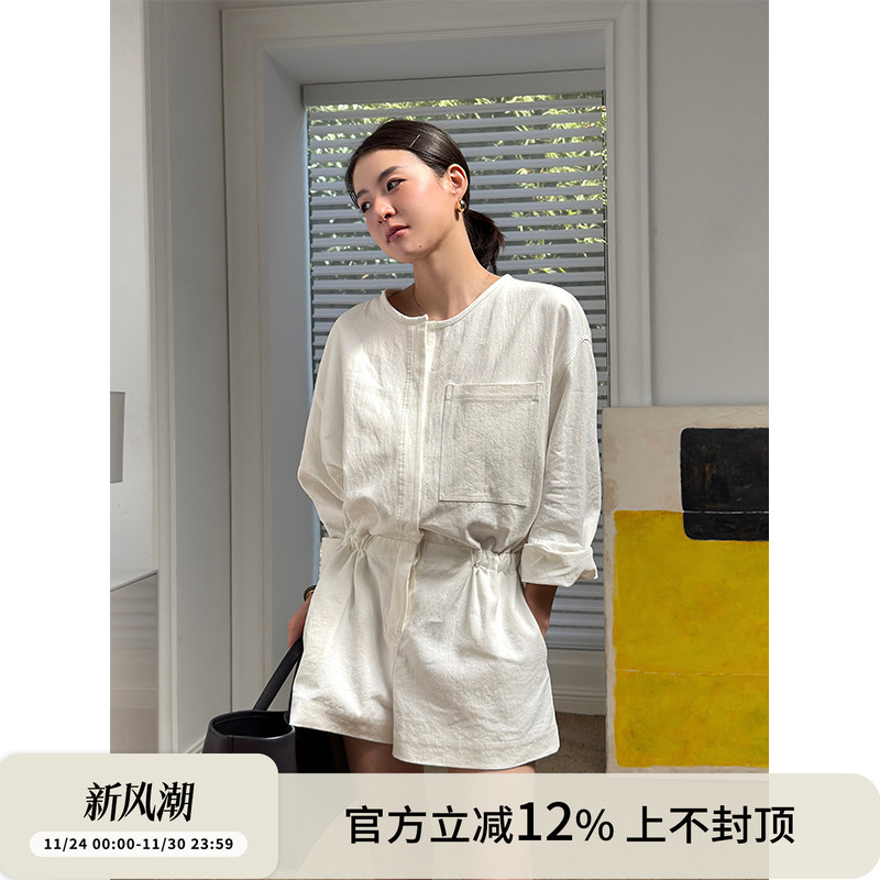 SOTHEA 老钱风 2025年圆领亚麻复古工装衬衫抽绳收腰连体裤连体衣