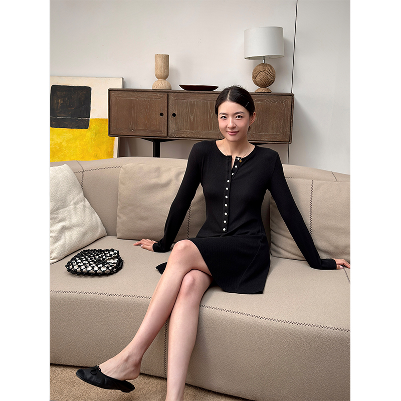 SOTHEA J典博主款 2025年初春法式亨利领罗纹长袖针织T恤连衣裙女