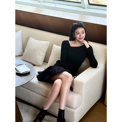 秋冬天丝羊毛斜领显瘦长袖打底衫