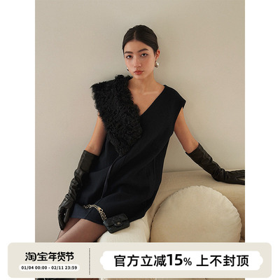 SOTHEA 简奢风羊毛双面呢双V领复古优雅气质毛呢背心呢子连衣裙