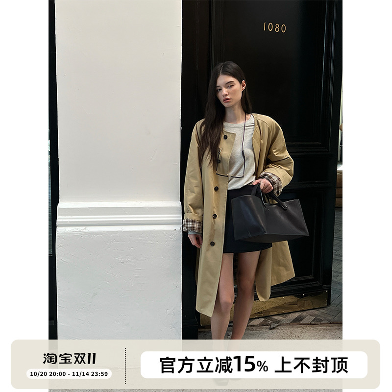 SOTHEA 静奢风秋冬经典格子夹棉内胆气质中长款无领风衣外套女