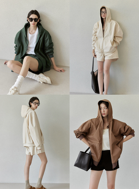 SOTHEA秋季洗水棉重工连帽休闲短外套夹克衫短裤套装女