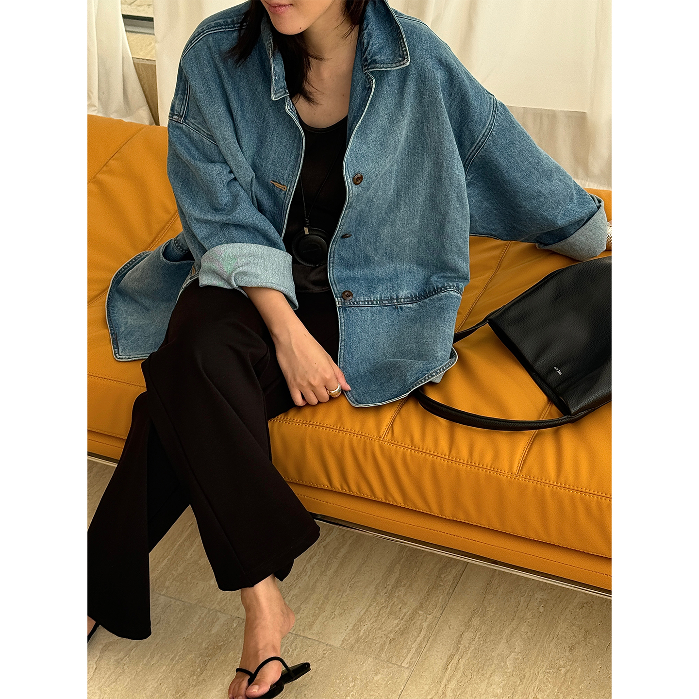 SOTHEA 2025年早秋B备棉质方领洗水大廓形宽松慵懒风短款牛仔外套