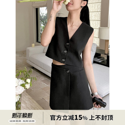 棉麻小套装无袖V领马甲小A裙