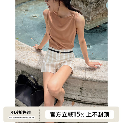 中腰条纹提花短裤棉麻
