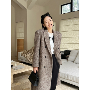 SOTHEA美拉德色系!羊驼毛混纺人字纹花呢双排扣腰带大衣女外套冬